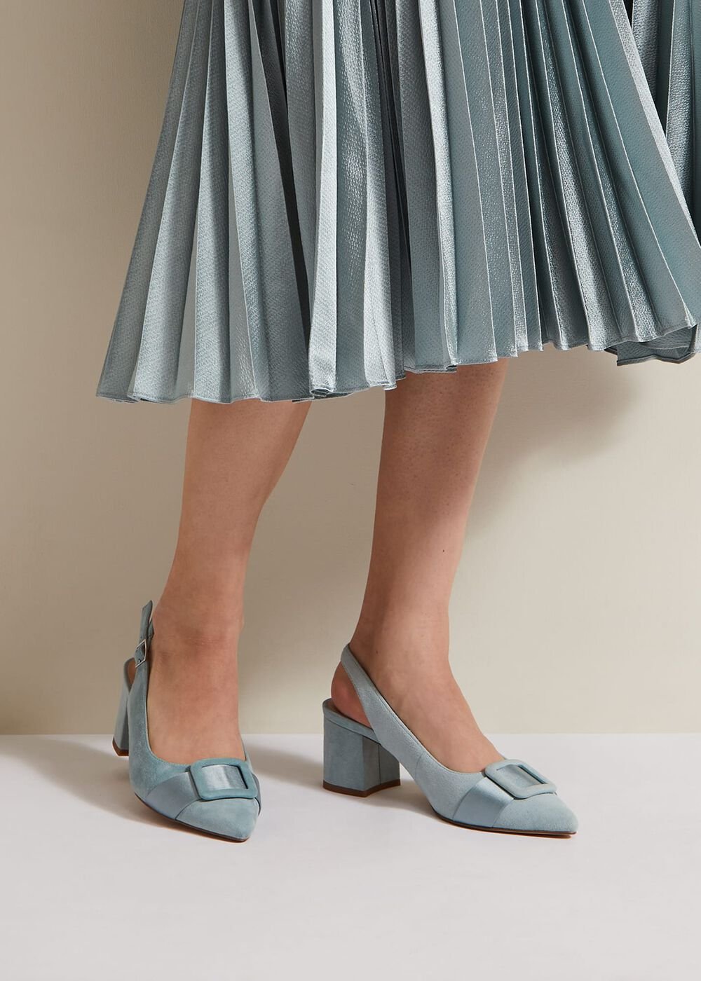 Suede Buckle Block Heel Shoe Light Green