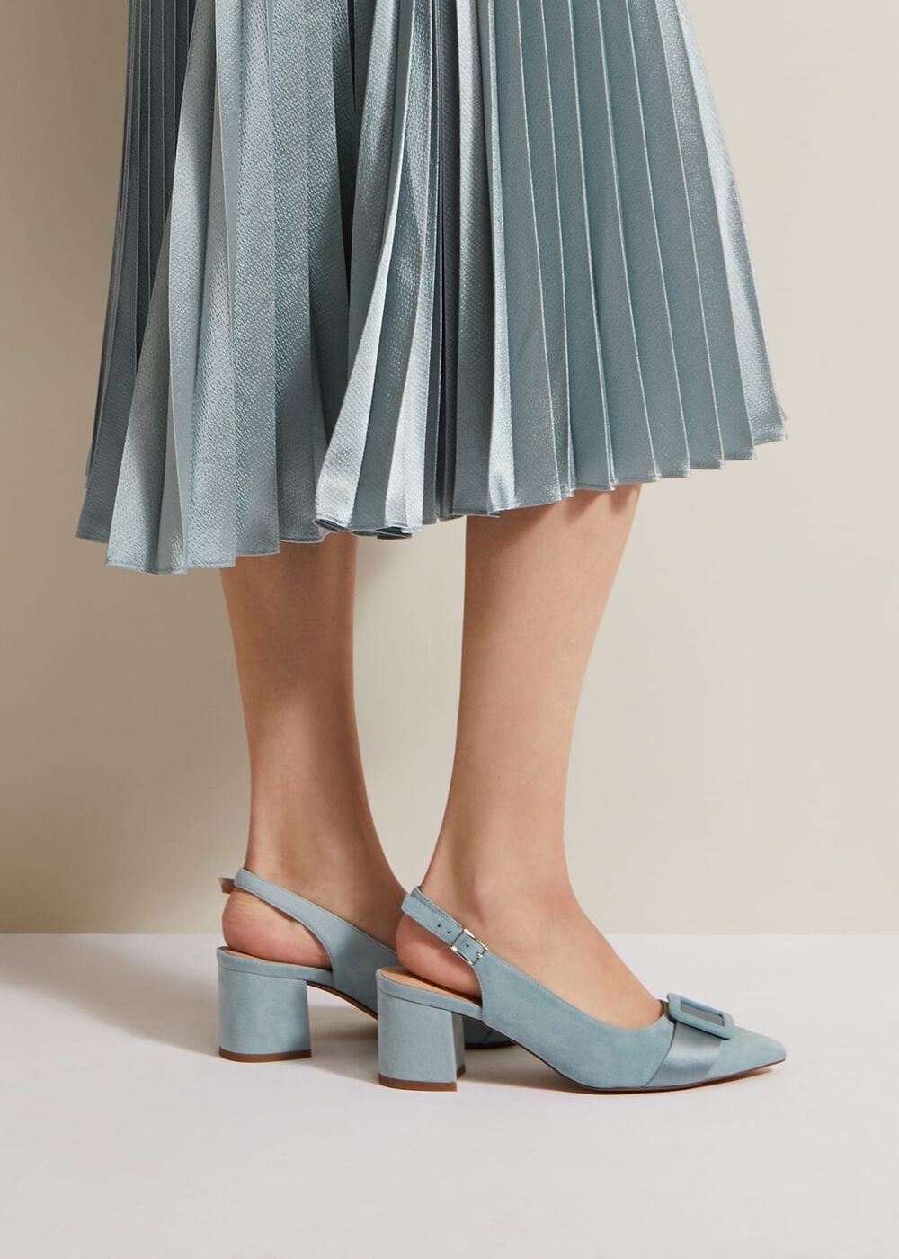 Suede Buckle Block Heel Shoe Light Green