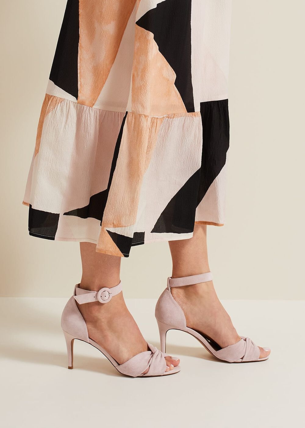 Suede Twist Ankle Strap Heeled Shoes Pale Pink