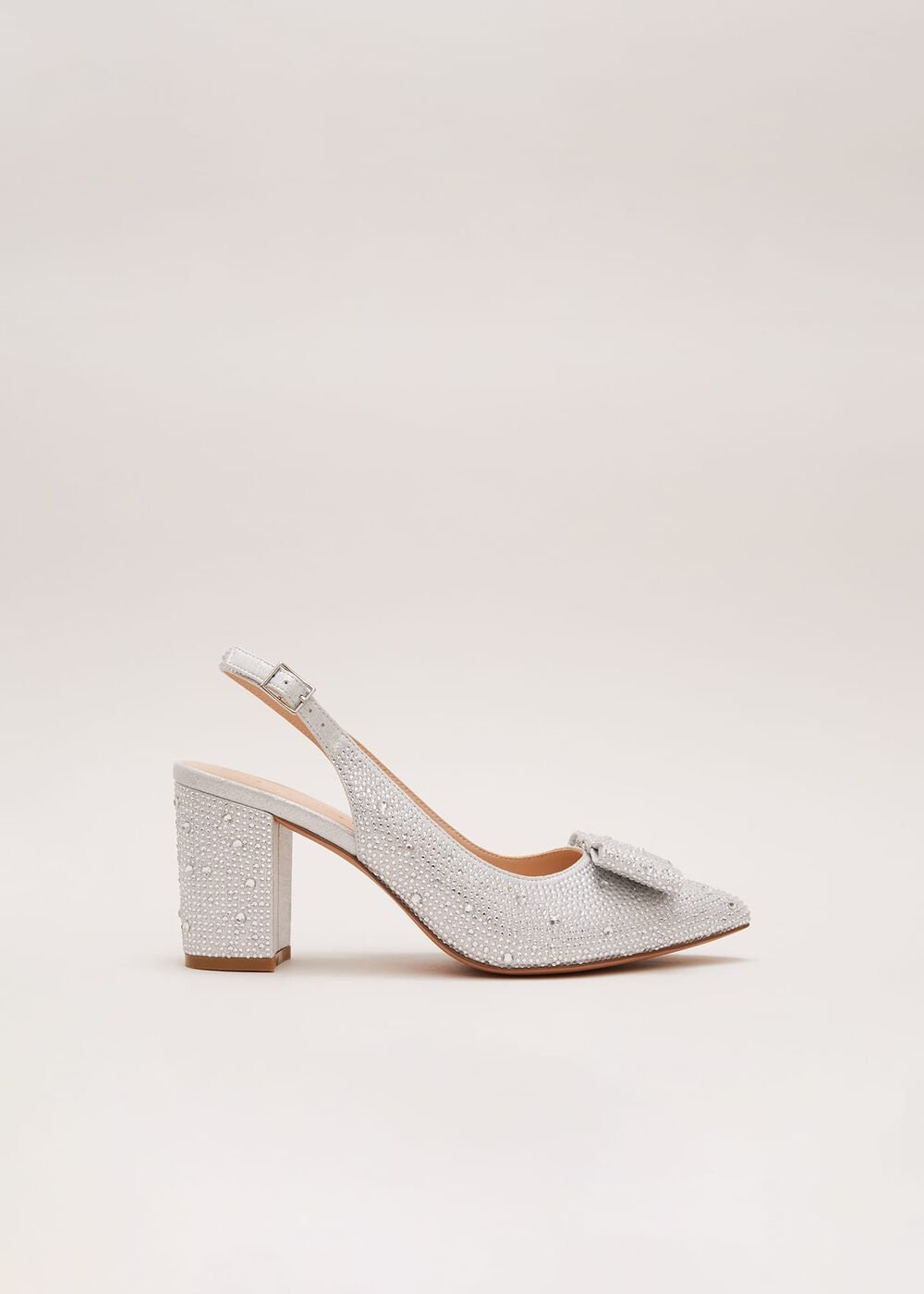 Embellished Bow Block Heel Slingback Silver