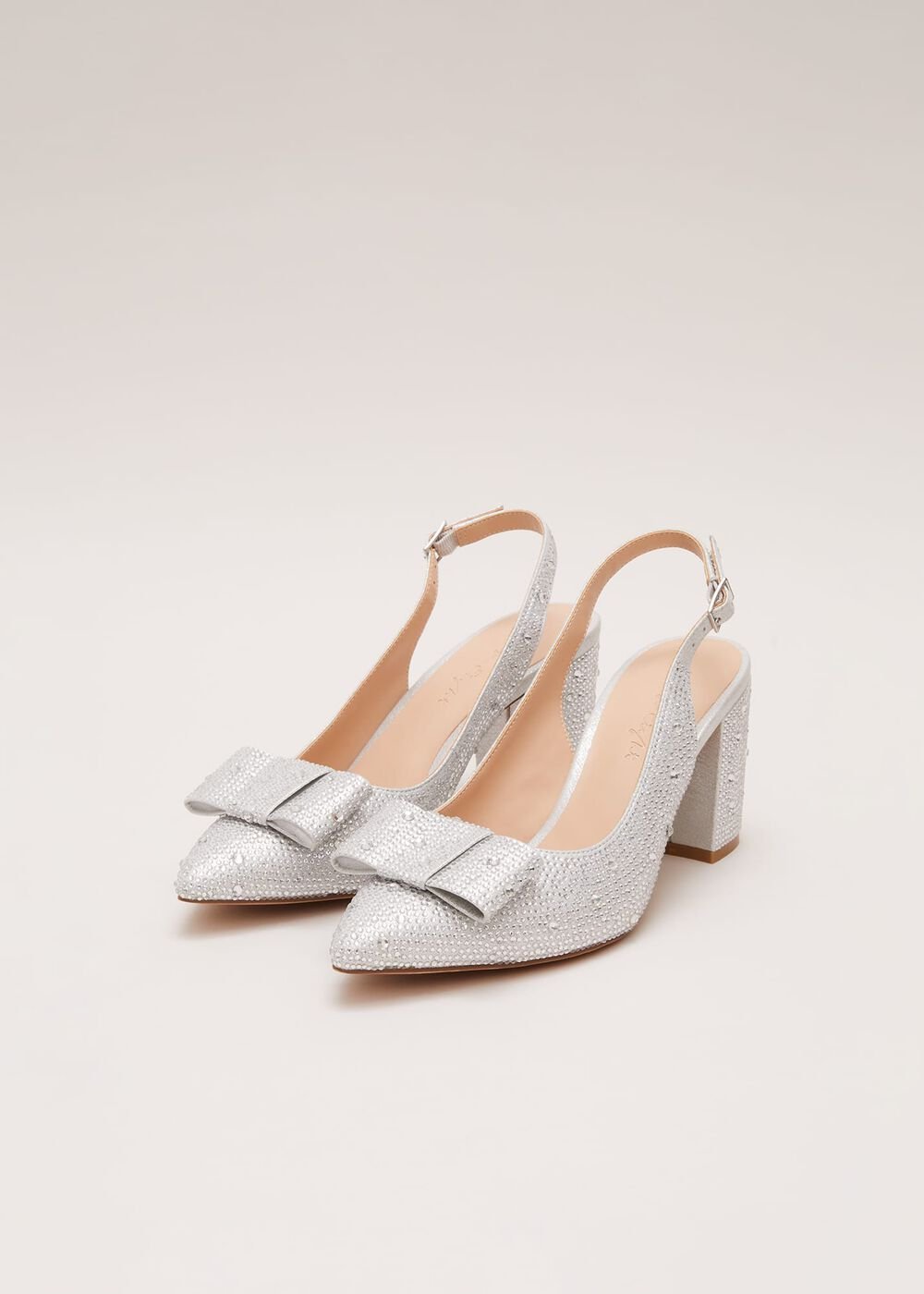 Embellished Bow Block Heel Slingback Silver