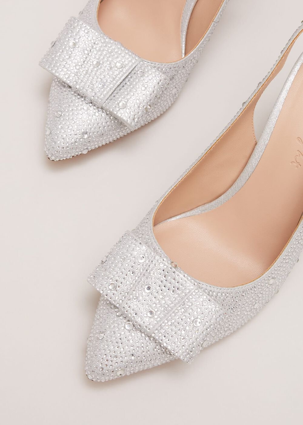 Embellished Bow Block Heel Slingback Silver