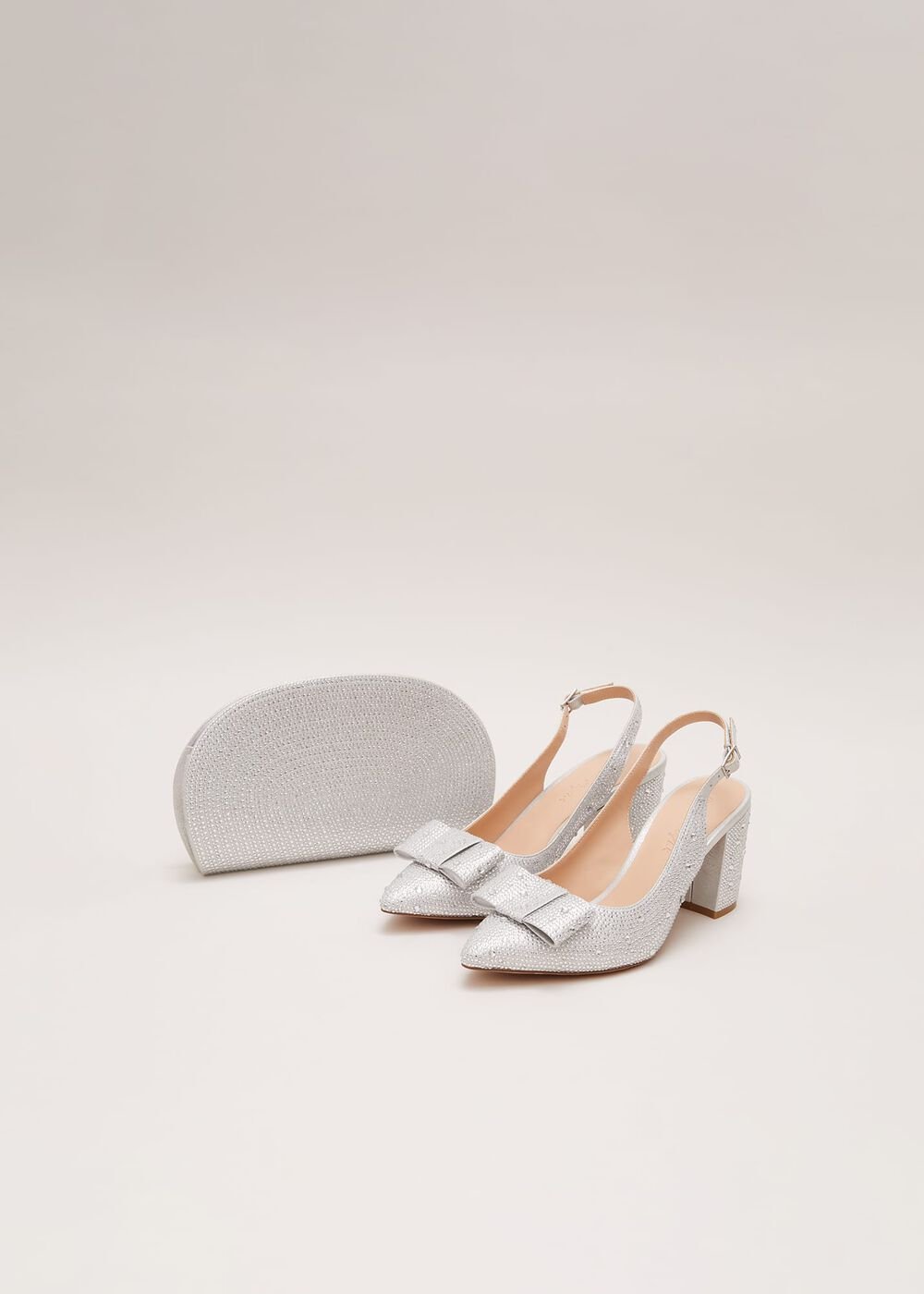 Embellished Bow Block Heel Slingback Silver