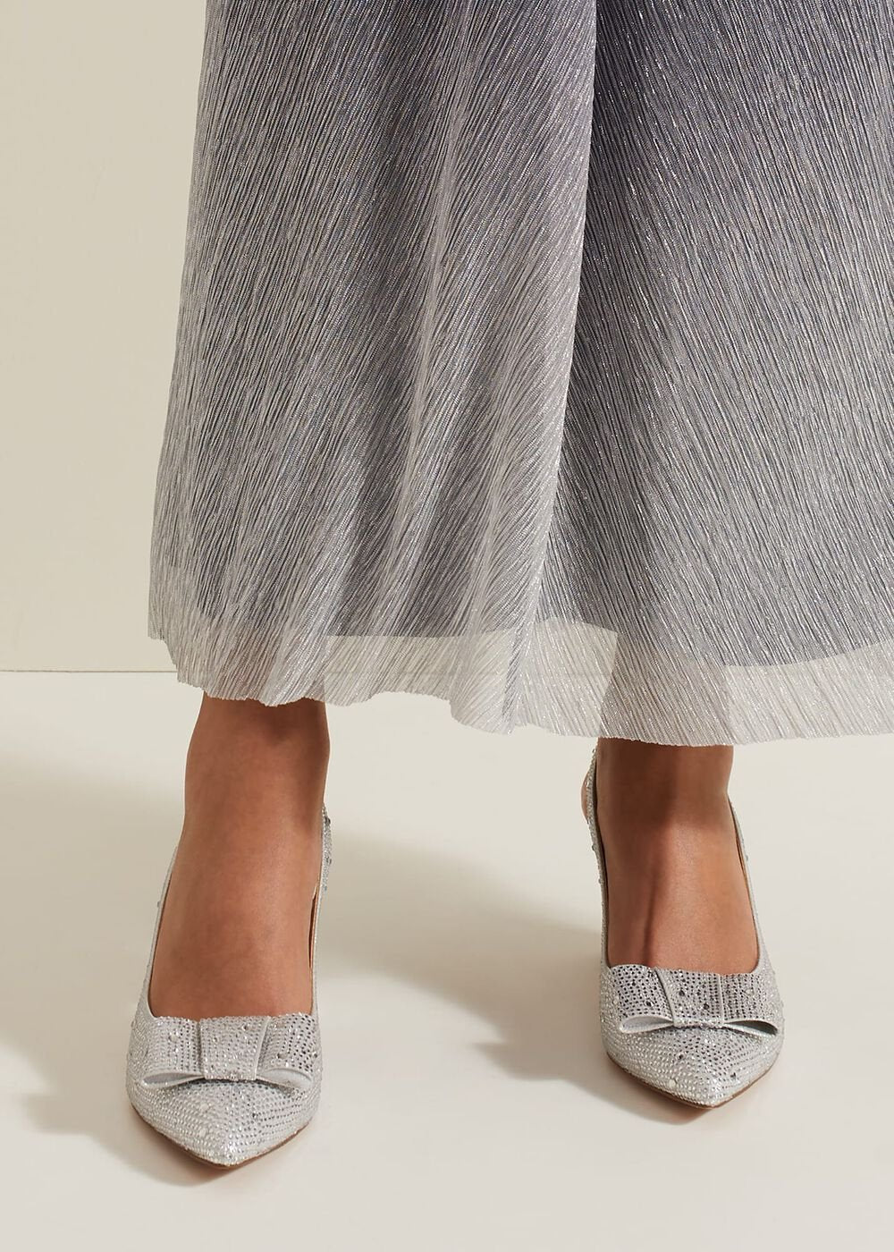 Embellished Bow Block Heel Slingback Silver