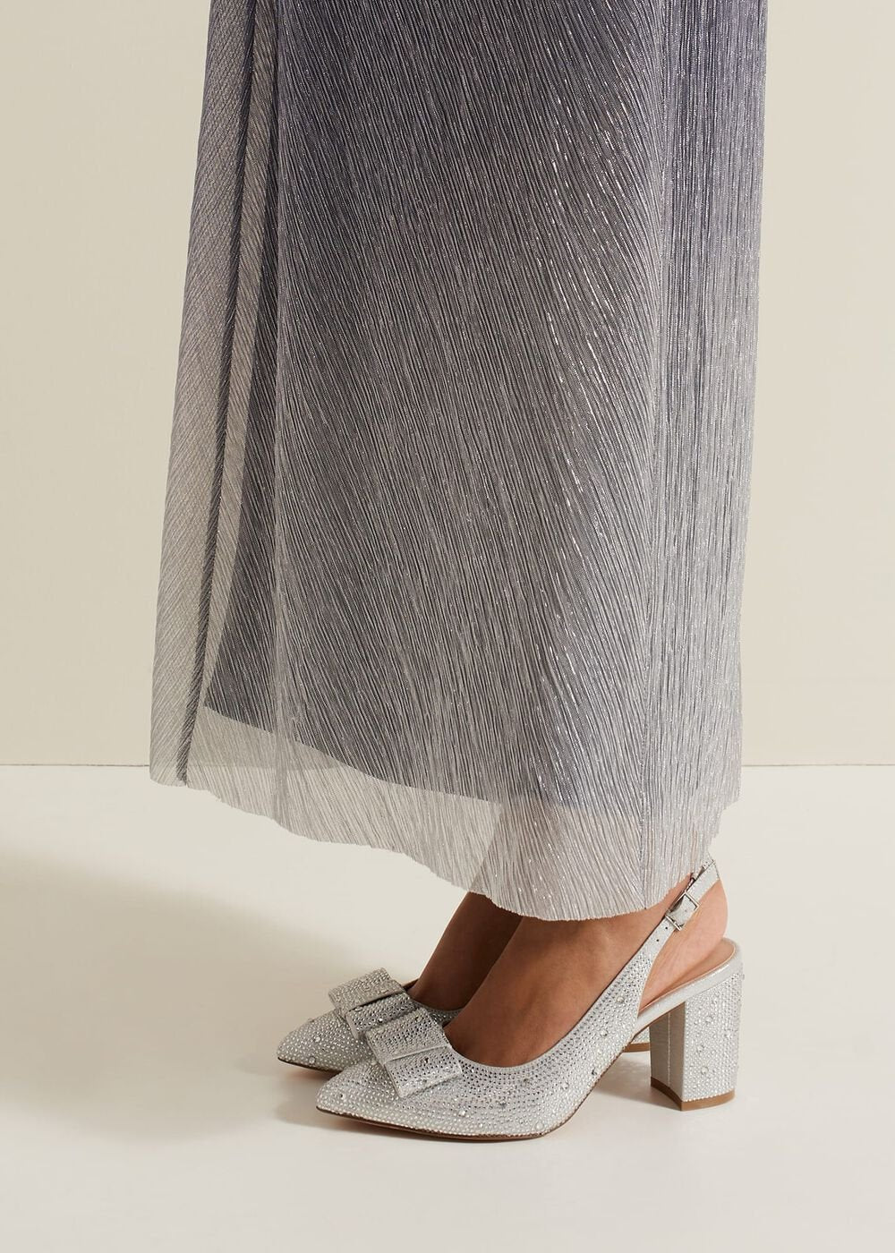 Embellished Bow Block Heel Slingback Silver