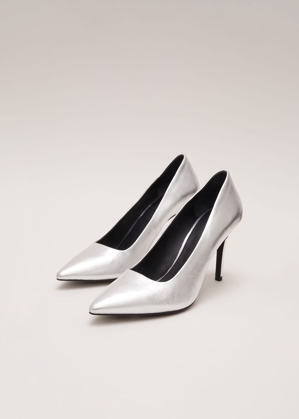 Silver Leather Pointed Court Shoes Silver