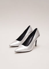 Silver Leather Pointed Court Shoes Silver