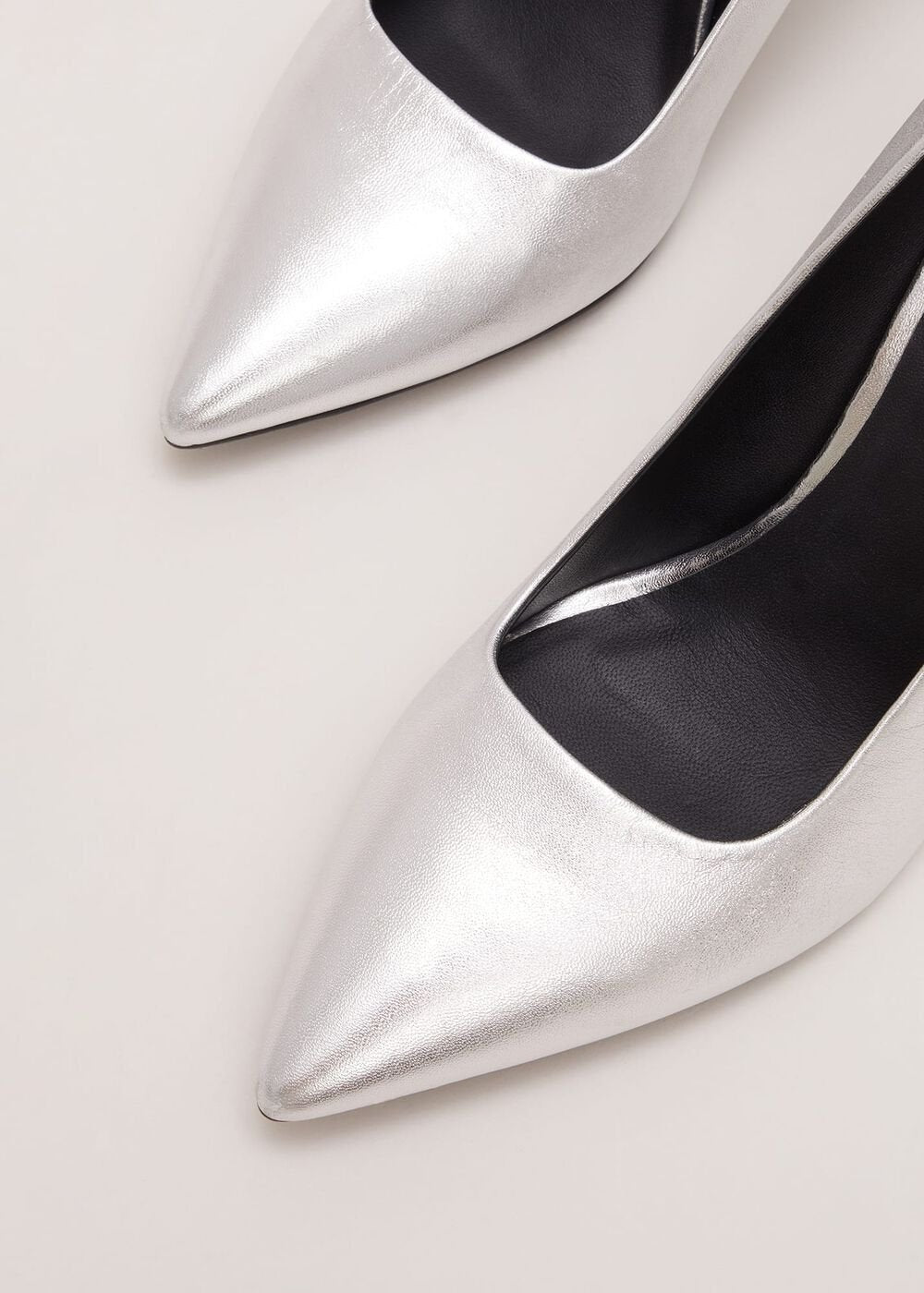 Silver Leather Pointed Court Shoes Silver