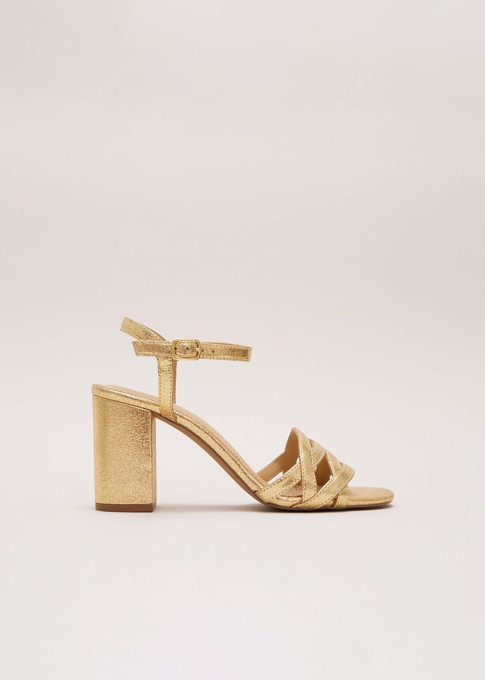 Gold Leather Crossover Block Heels Gold