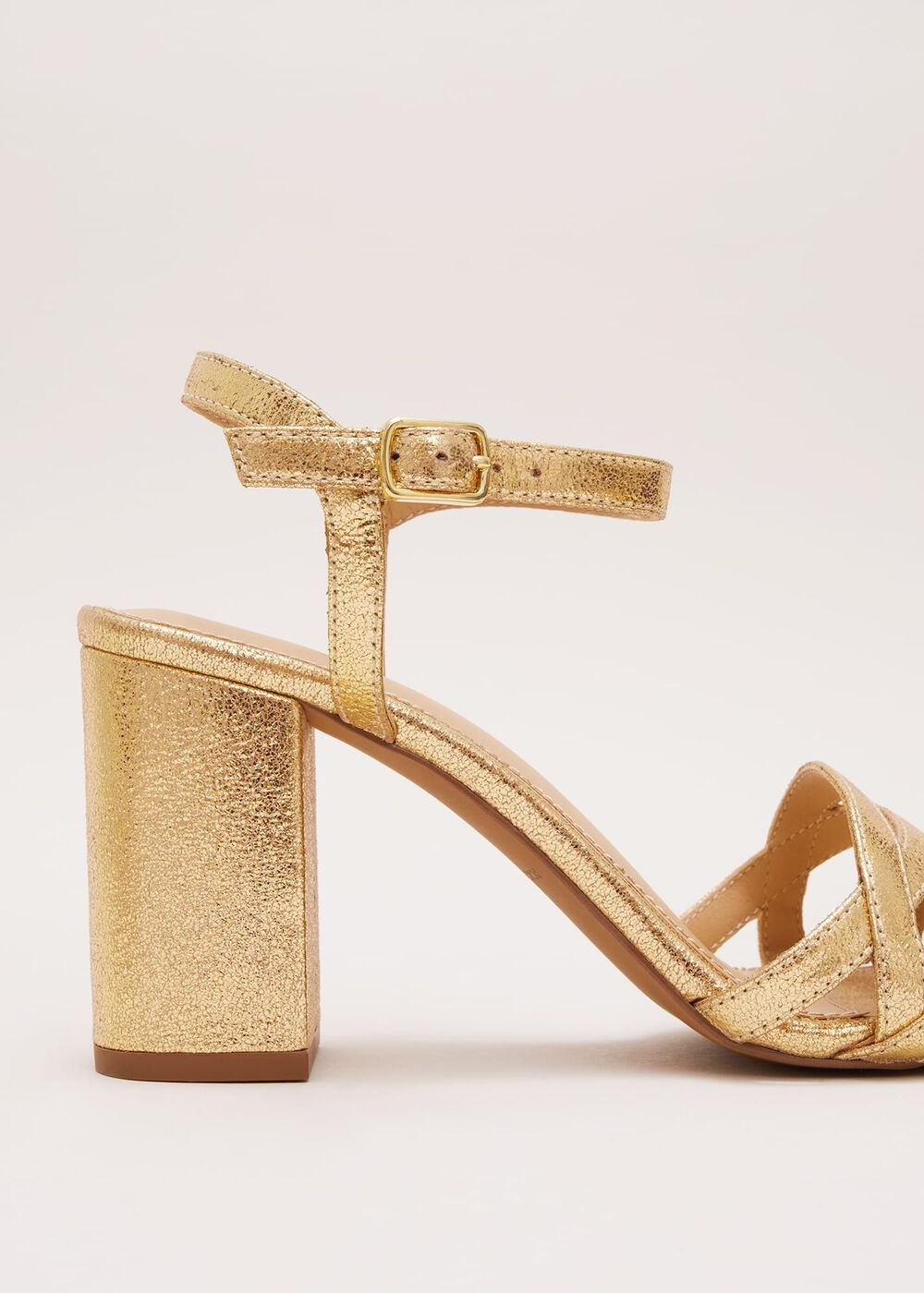 Gold Leather Crossover Block Heels Gold