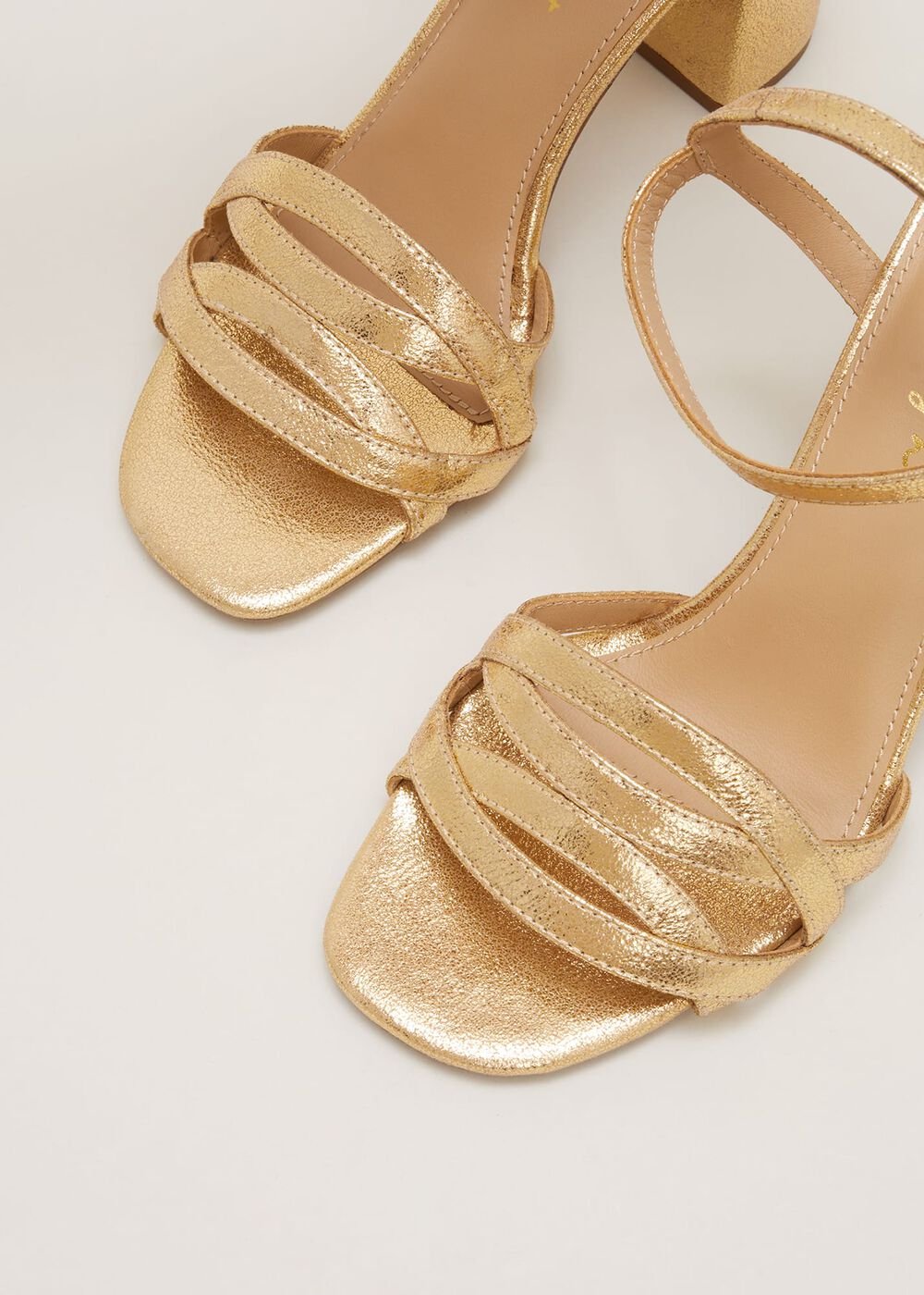 Gold Leather Crossover Block Heels Gold