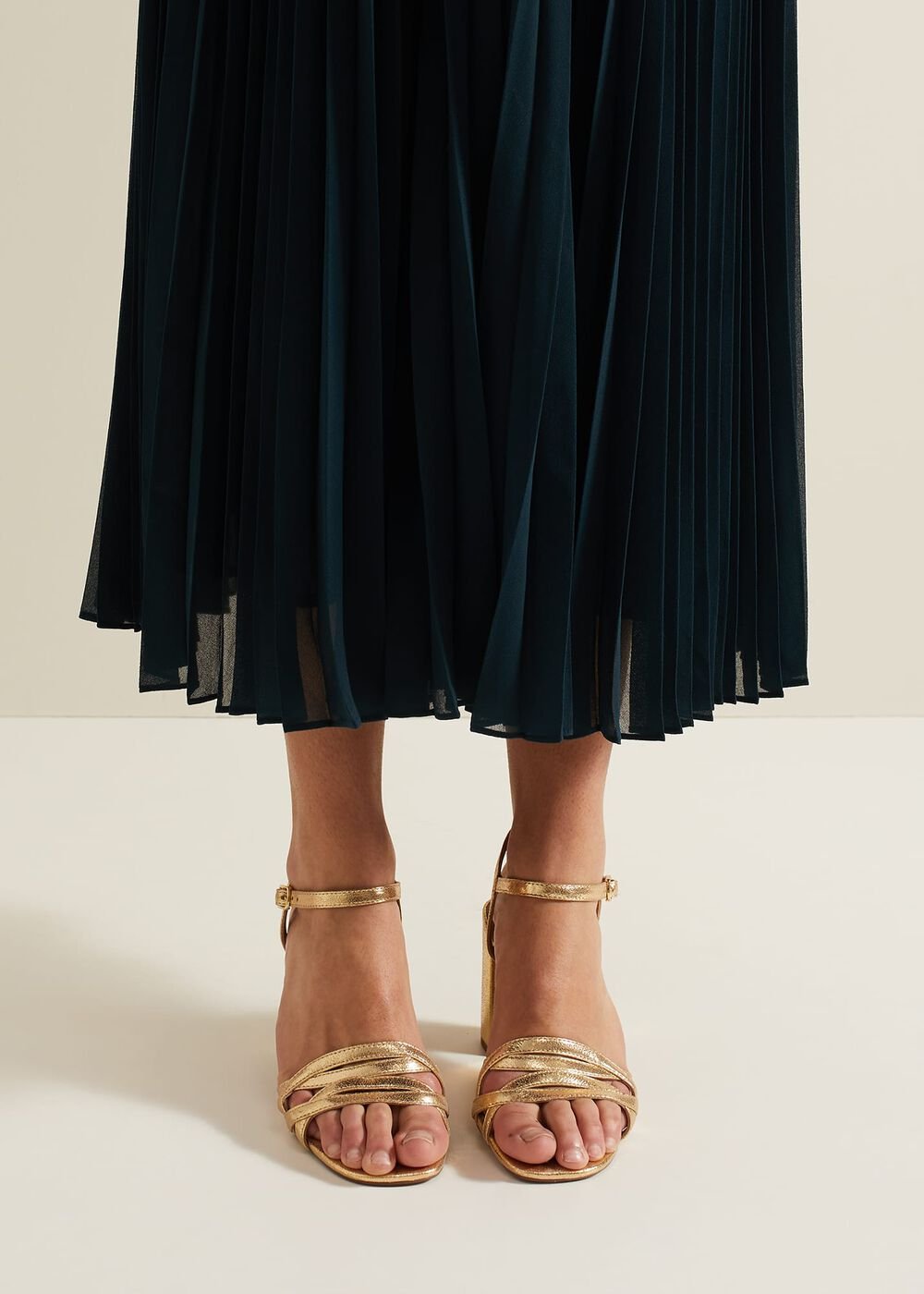 Gold Leather Crossover Block Heels Gold