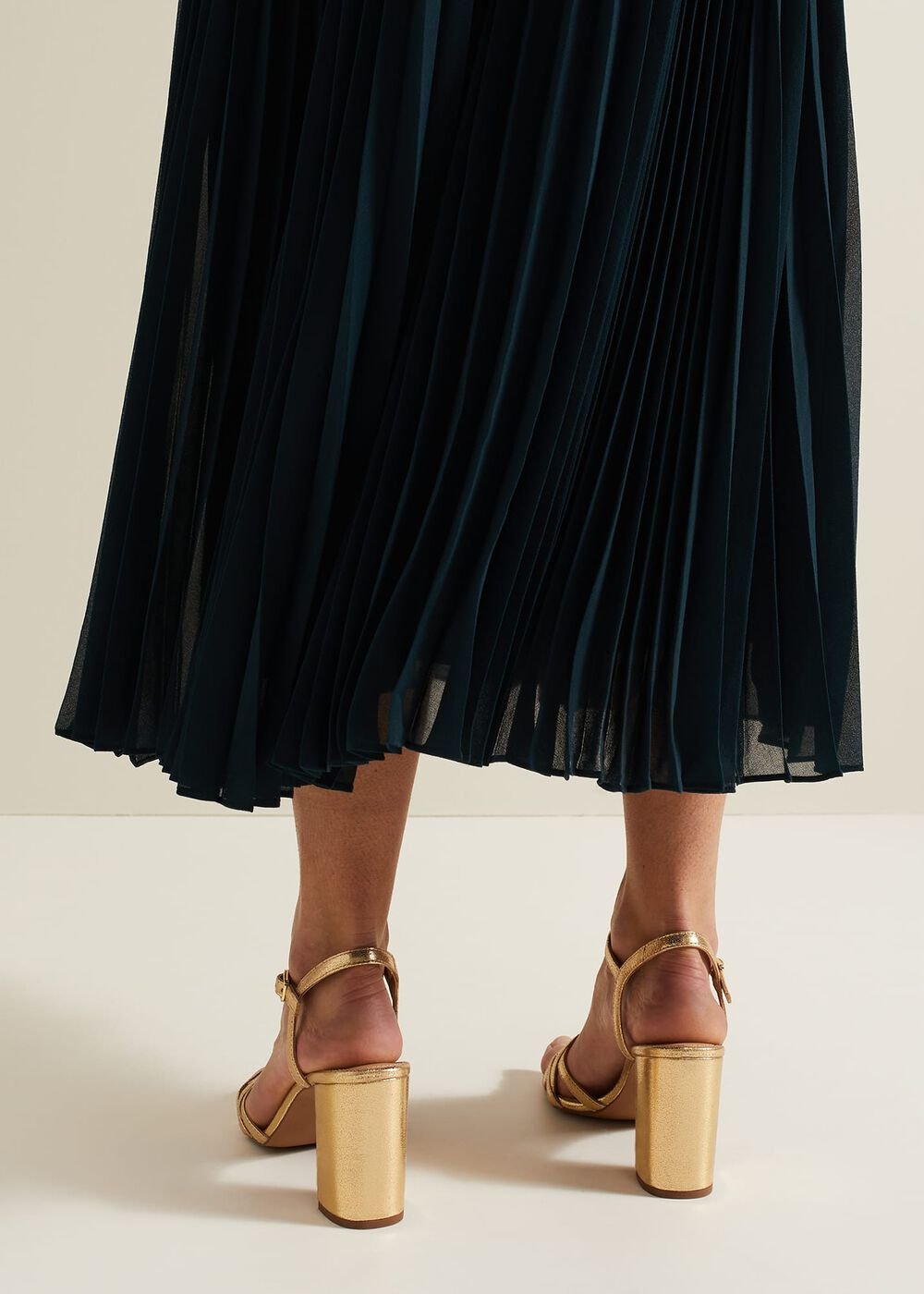 Gold Leather Crossover Block Heels Gold