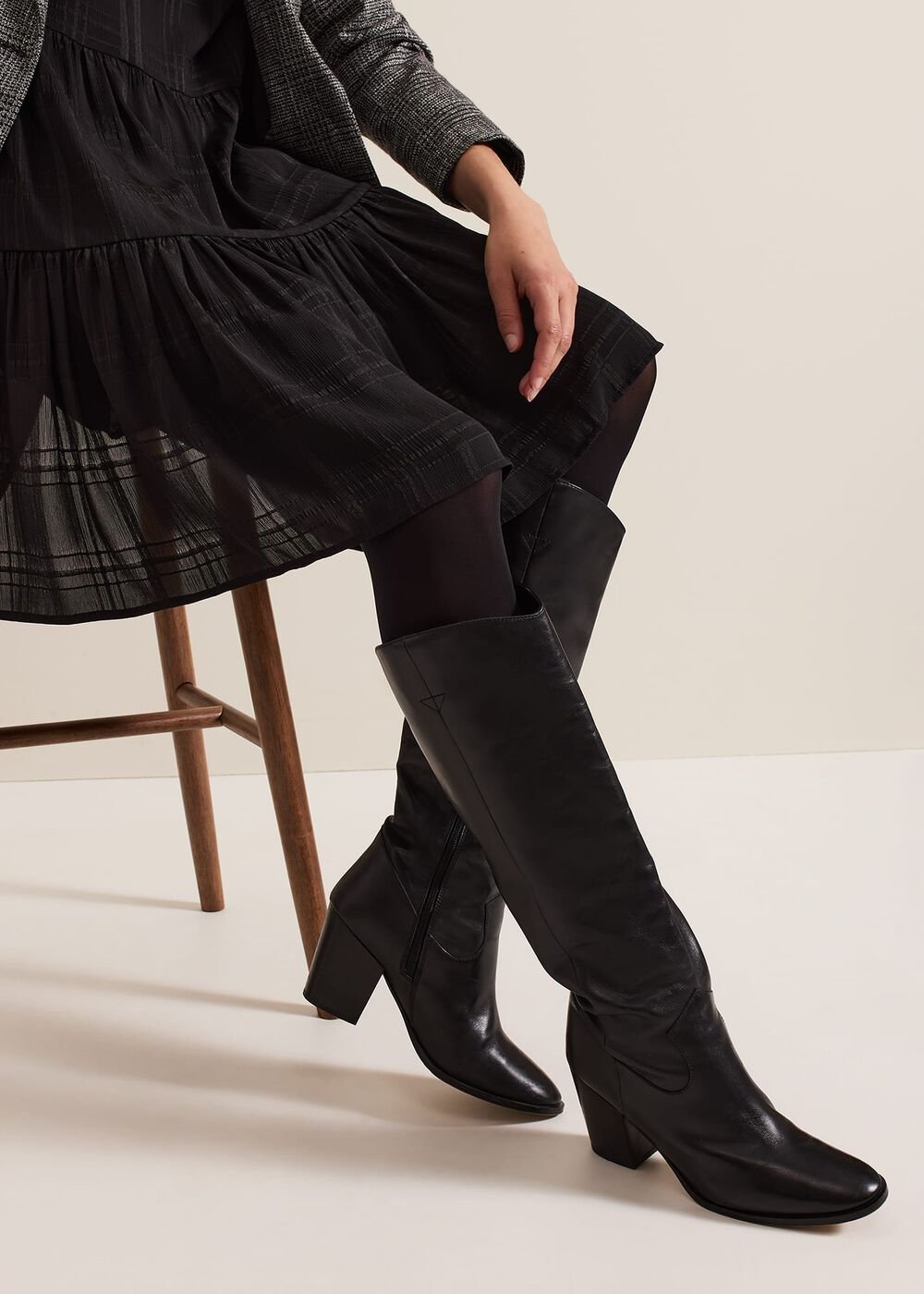 Black Leather Western Knee Boot Black