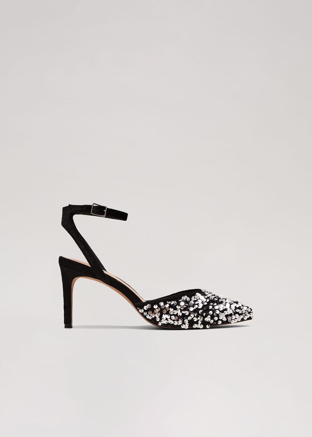 Velvet & Sequin Pointed Ankle Strap Shoe Multi-Coloured