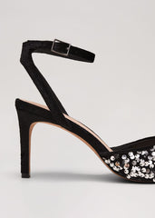 Velvet & Sequin Pointed Ankle Strap Shoe Multi-Coloured