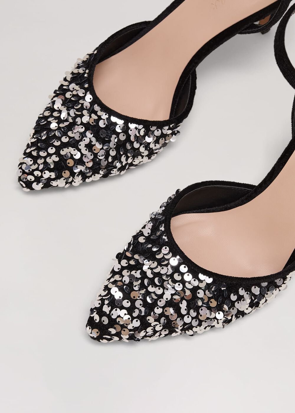 Velvet & Sequin Pointed Ankle Strap Shoe Multi-Coloured