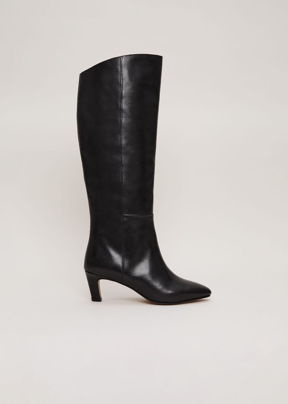 Black Leather Kitten Heel Knee Boot Black