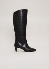 Black Leather Kitten Heel Knee Boot Black