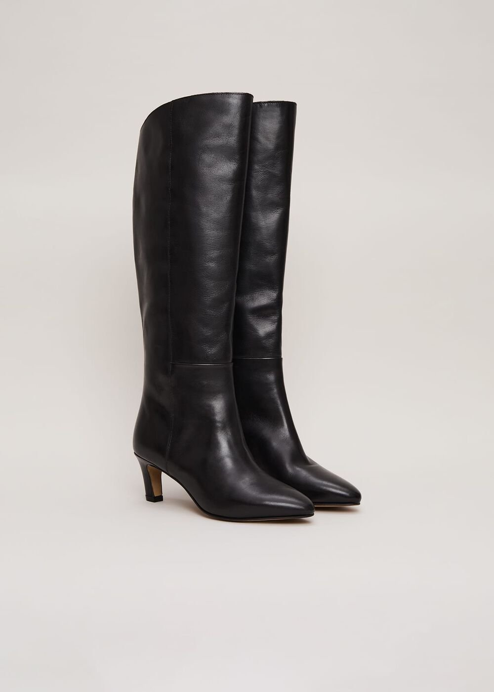 Black Leather Kitten Heel Knee Boot Black