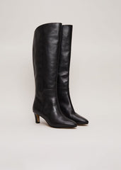 Black Leather Kitten Heel Knee Boot Black