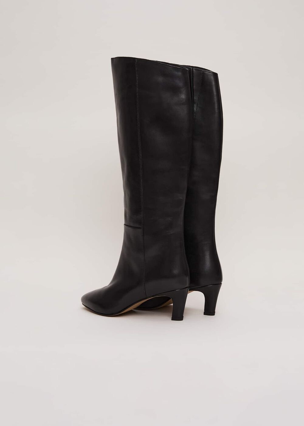 Black Leather Kitten Heel Knee Boot Black