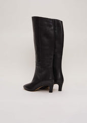 Black Leather Kitten Heel Knee Boot Black