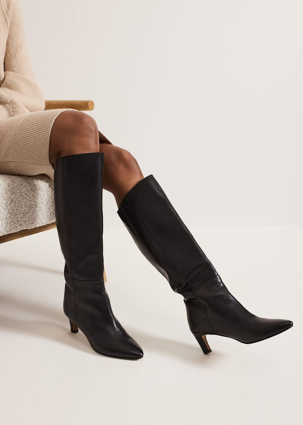 Black Leather Kitten Heel Knee Boot Black