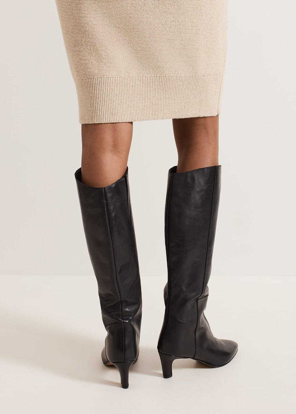Black Leather Kitten Heel Knee Boot Black