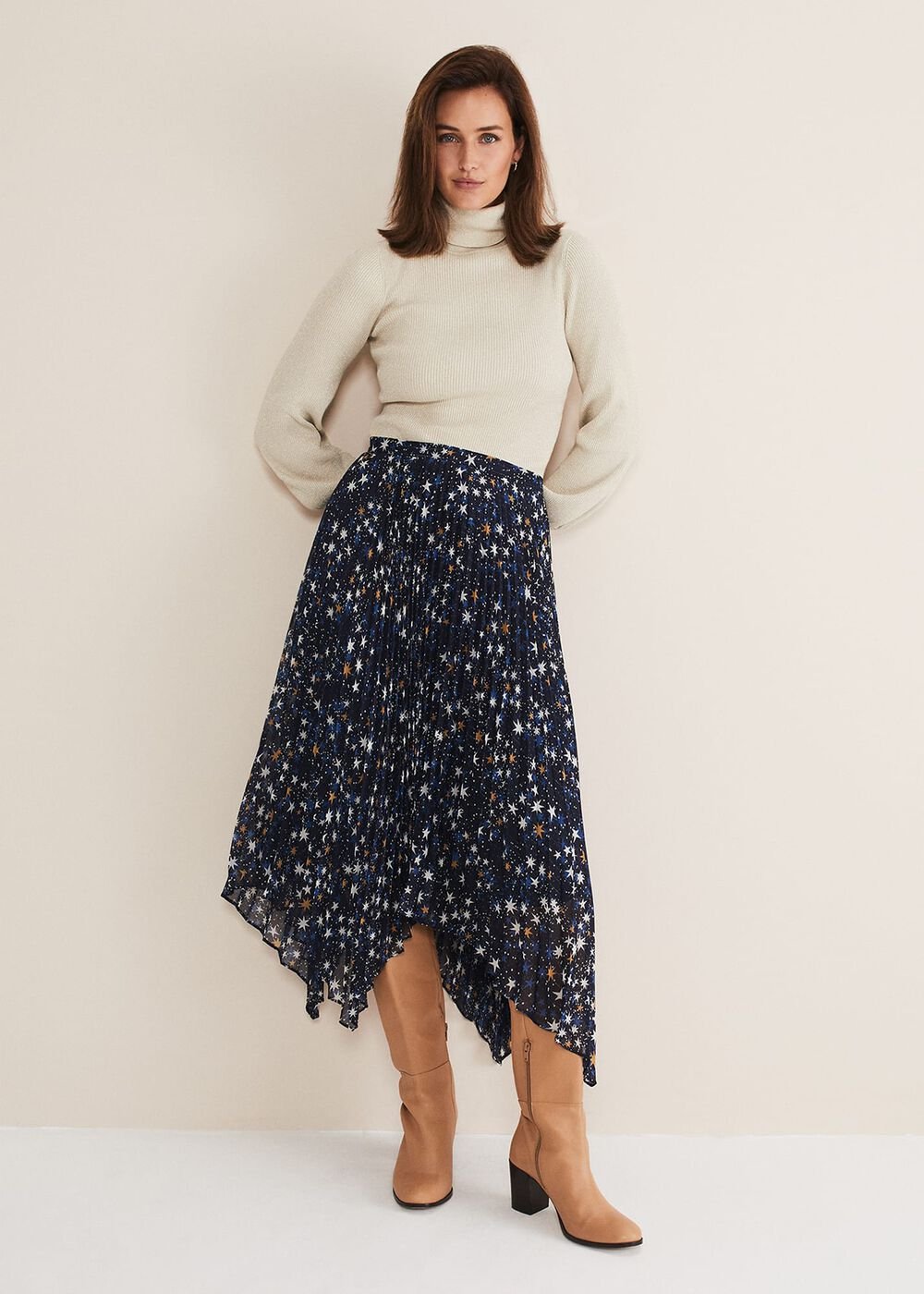 Zeba Star Pleated Midi Skirt Blue