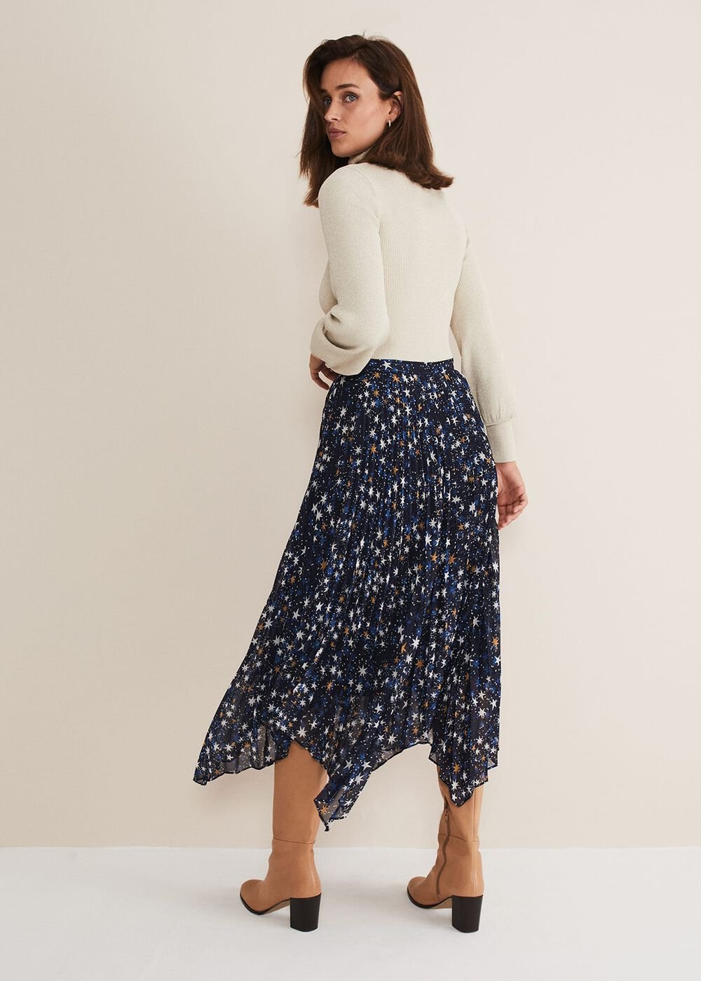 Zeba Star Pleated Midi Skirt Blue
