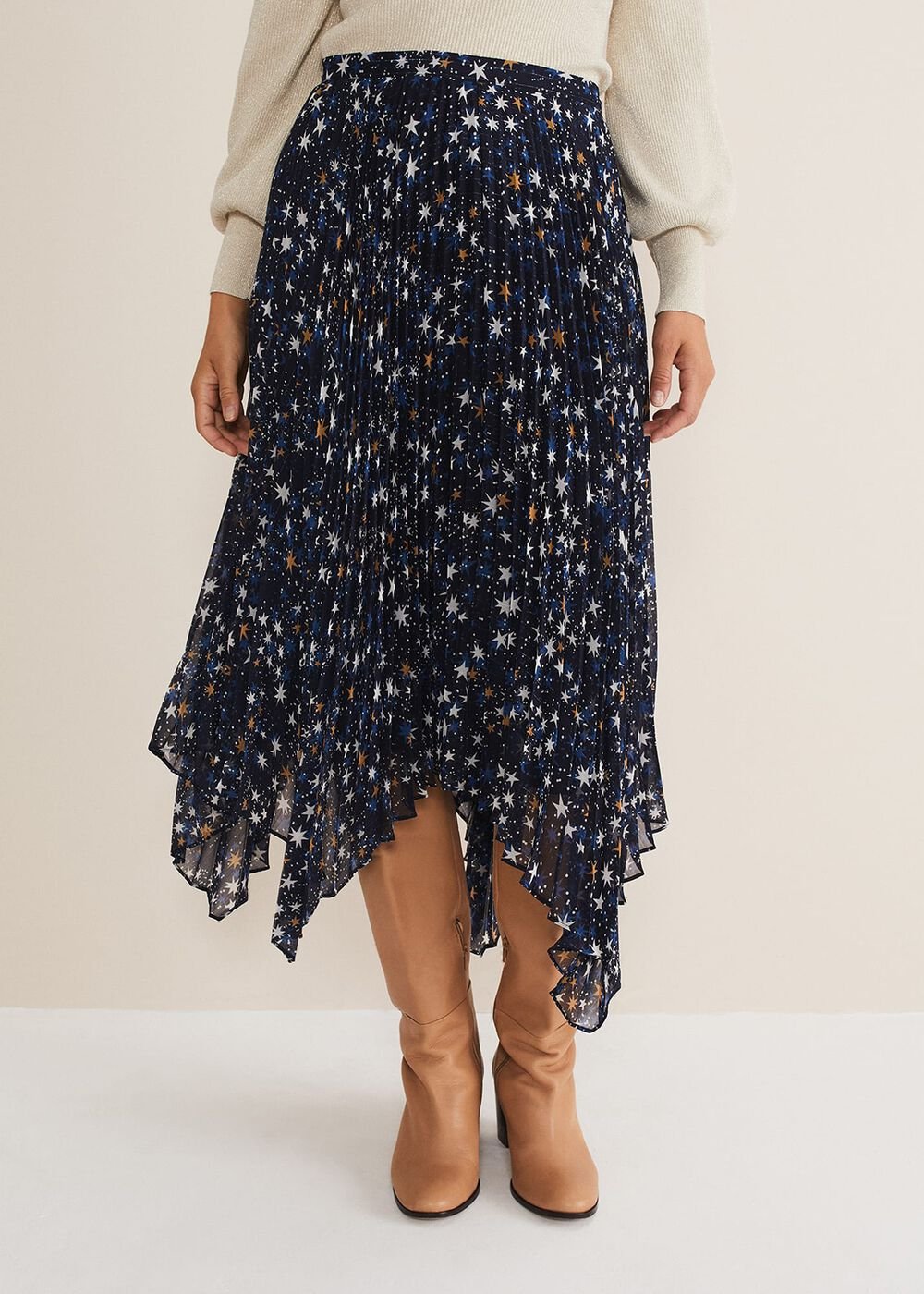 Zeba Star Pleated Midi Skirt Blue