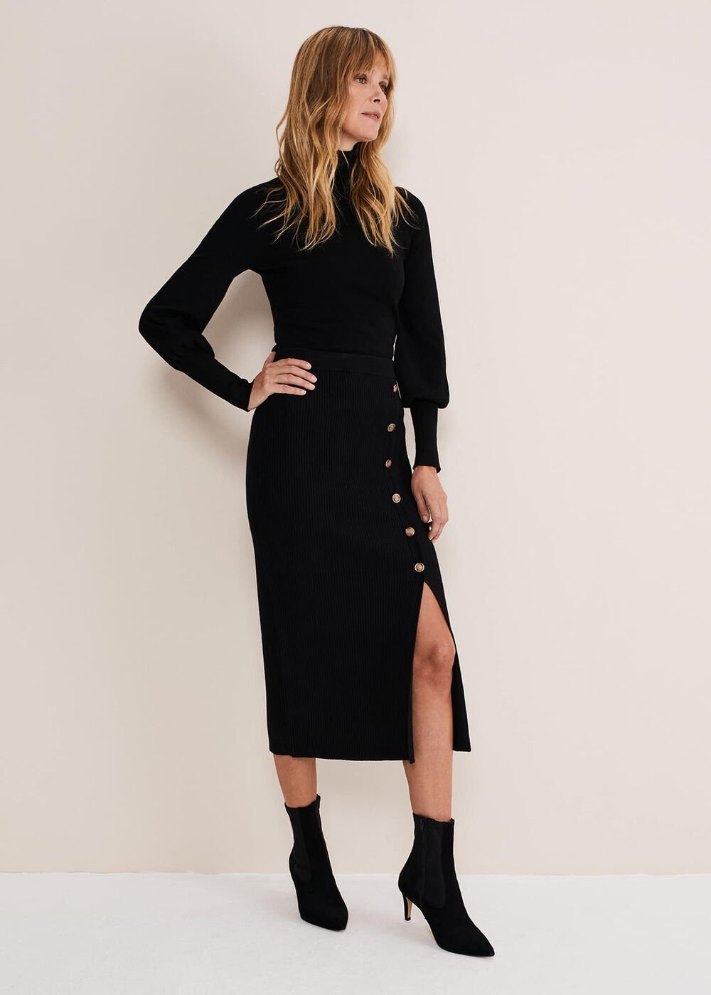 Irina Ribbed Button Detail Knit Skirt Black