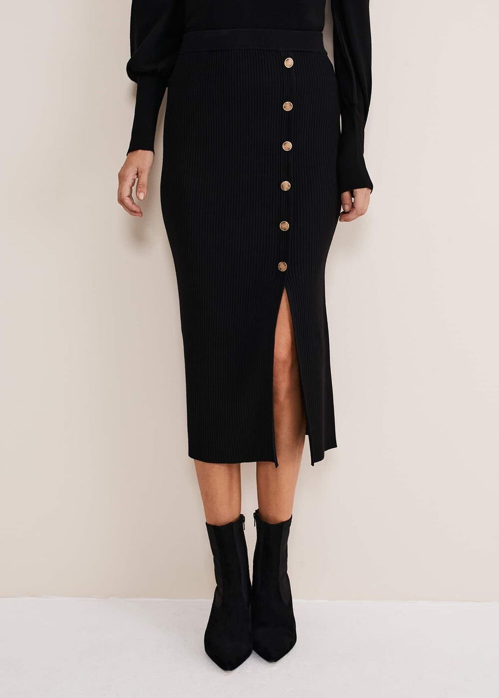 Irina Ribbed Button Detail Knit Skirt Black