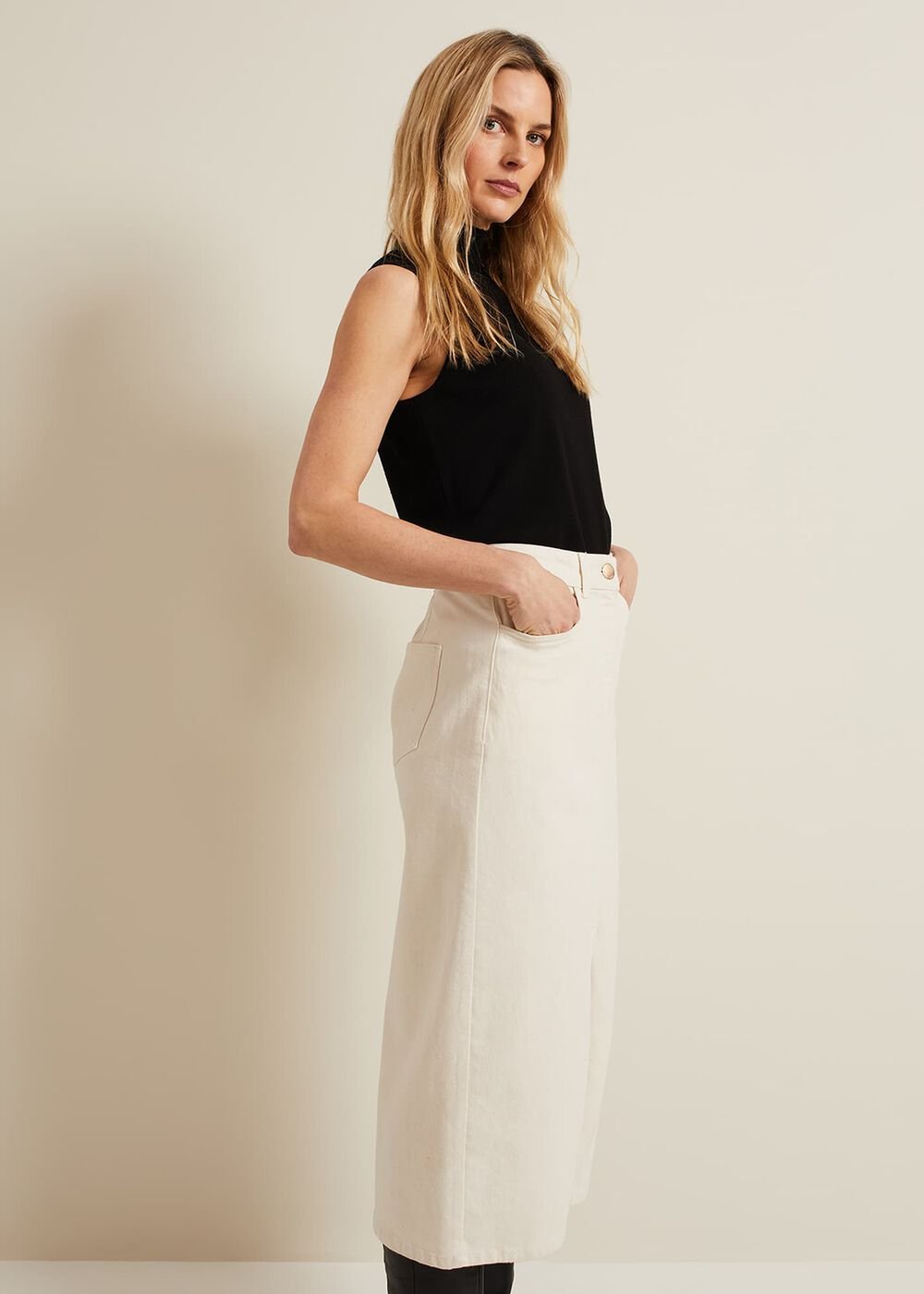 Amani Ecru Denim Midi Skirt Natural