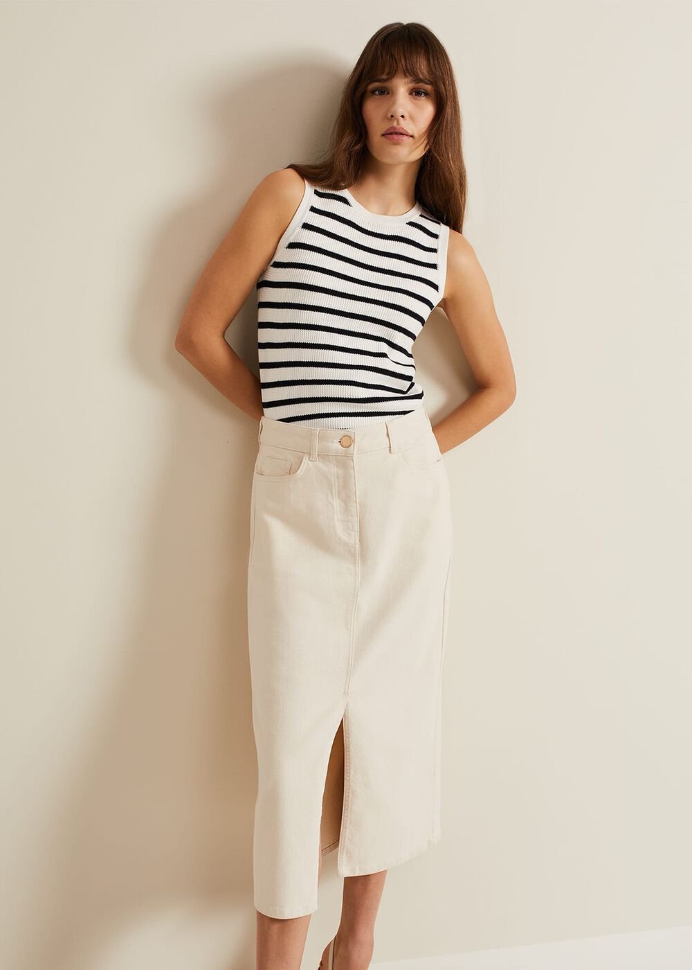 Amani Ecru Denim Midi Skirt Natural