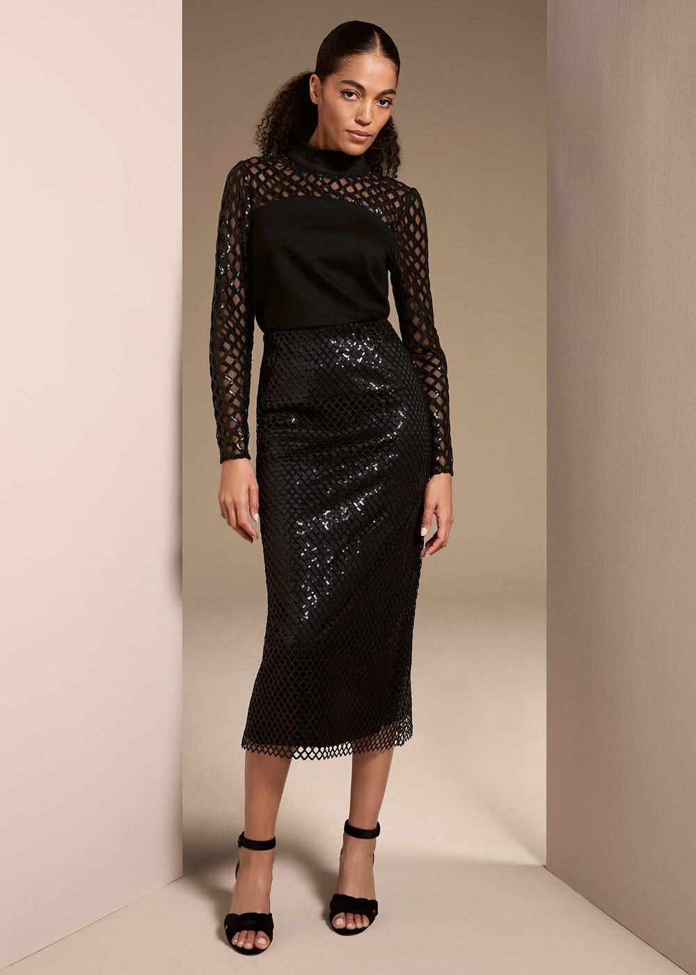 Mauve Black Mesh Sequin Midi Skirt Black