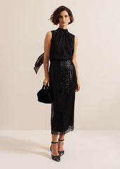 Mauve Black Mesh Sequin Midi Skirt Black