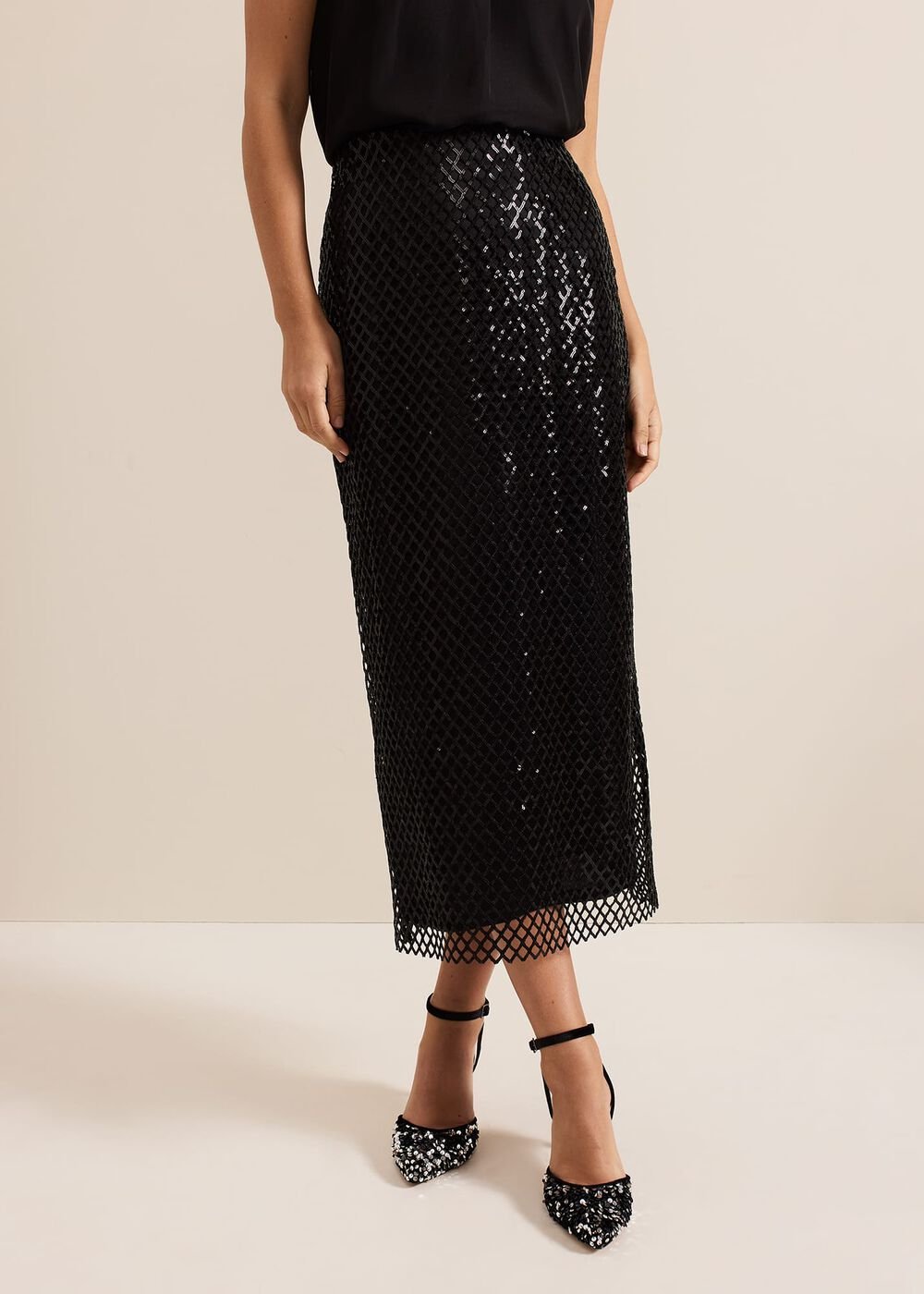 Mauve Black Mesh Sequin Midi Skirt Black