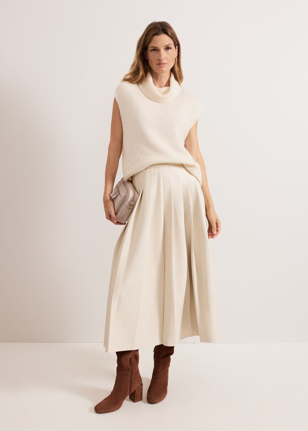 Susie Cream Pu Pleated Midi Skirt Cream
