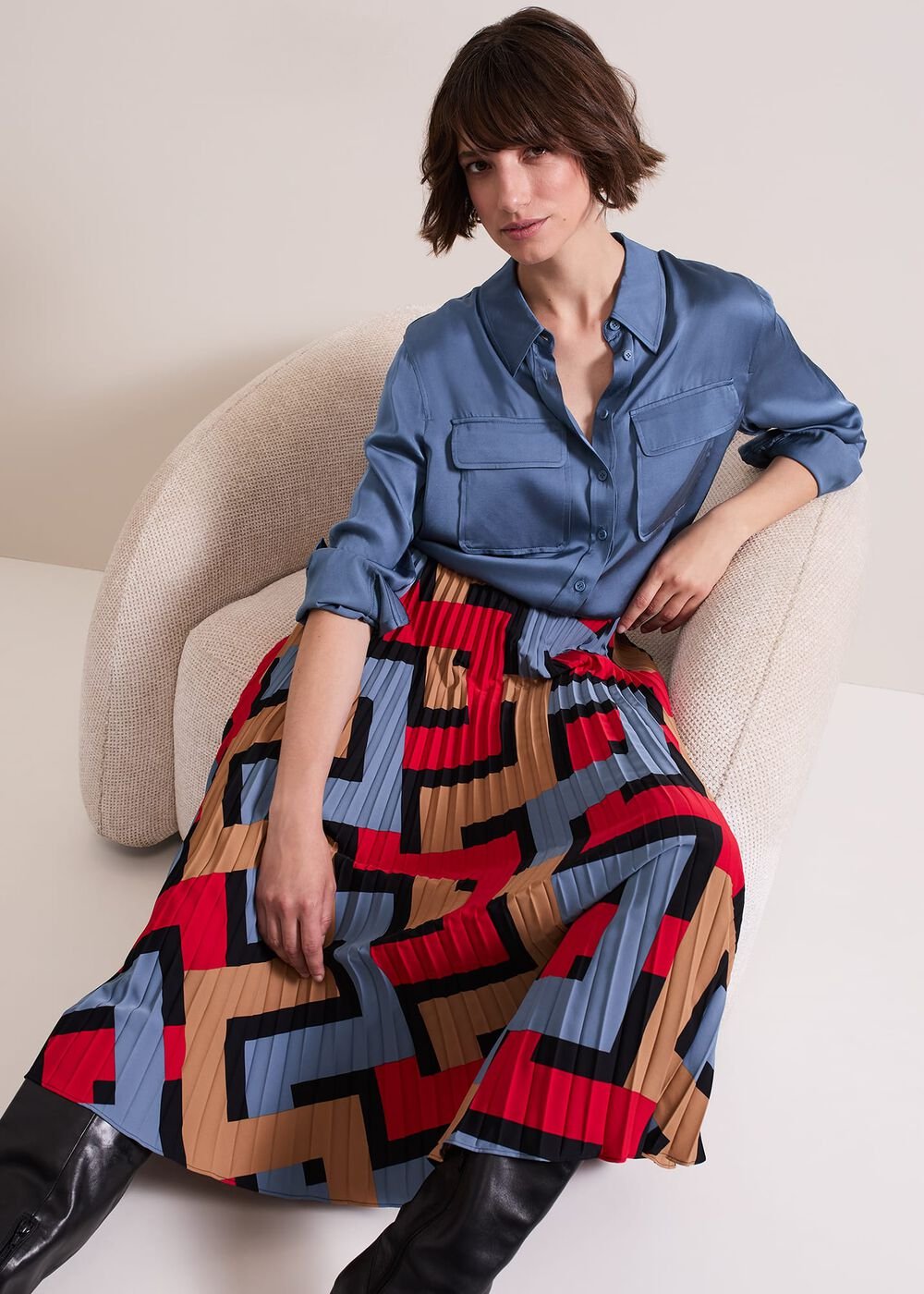 Elmina Geo Pleated Midi Skirt Black