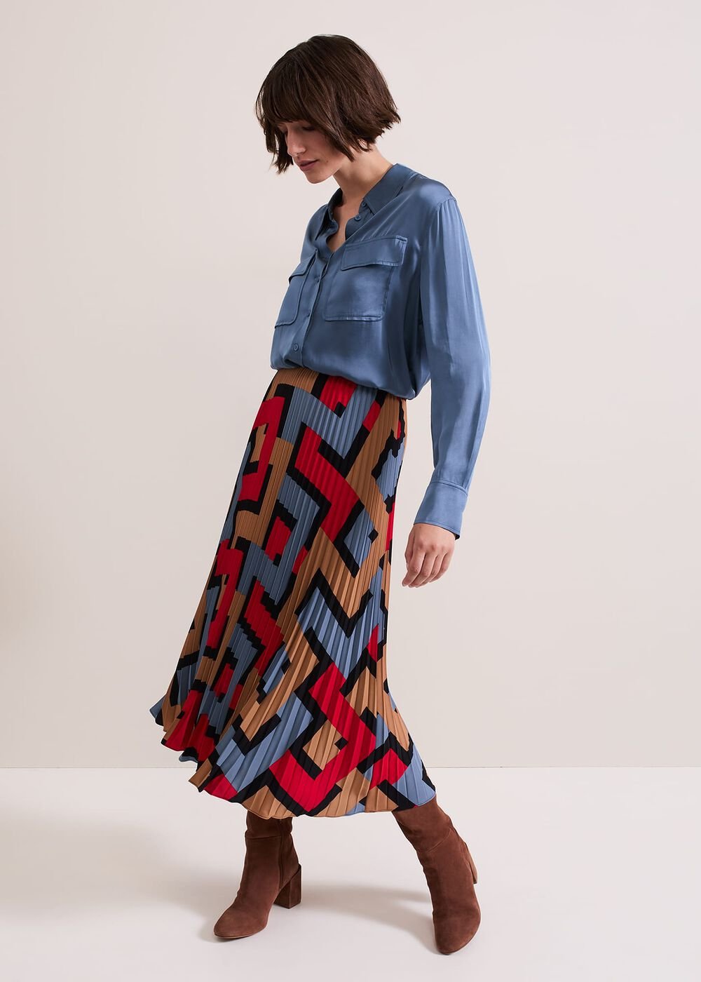 Elmina Geo Pleated Midi Skirt Black