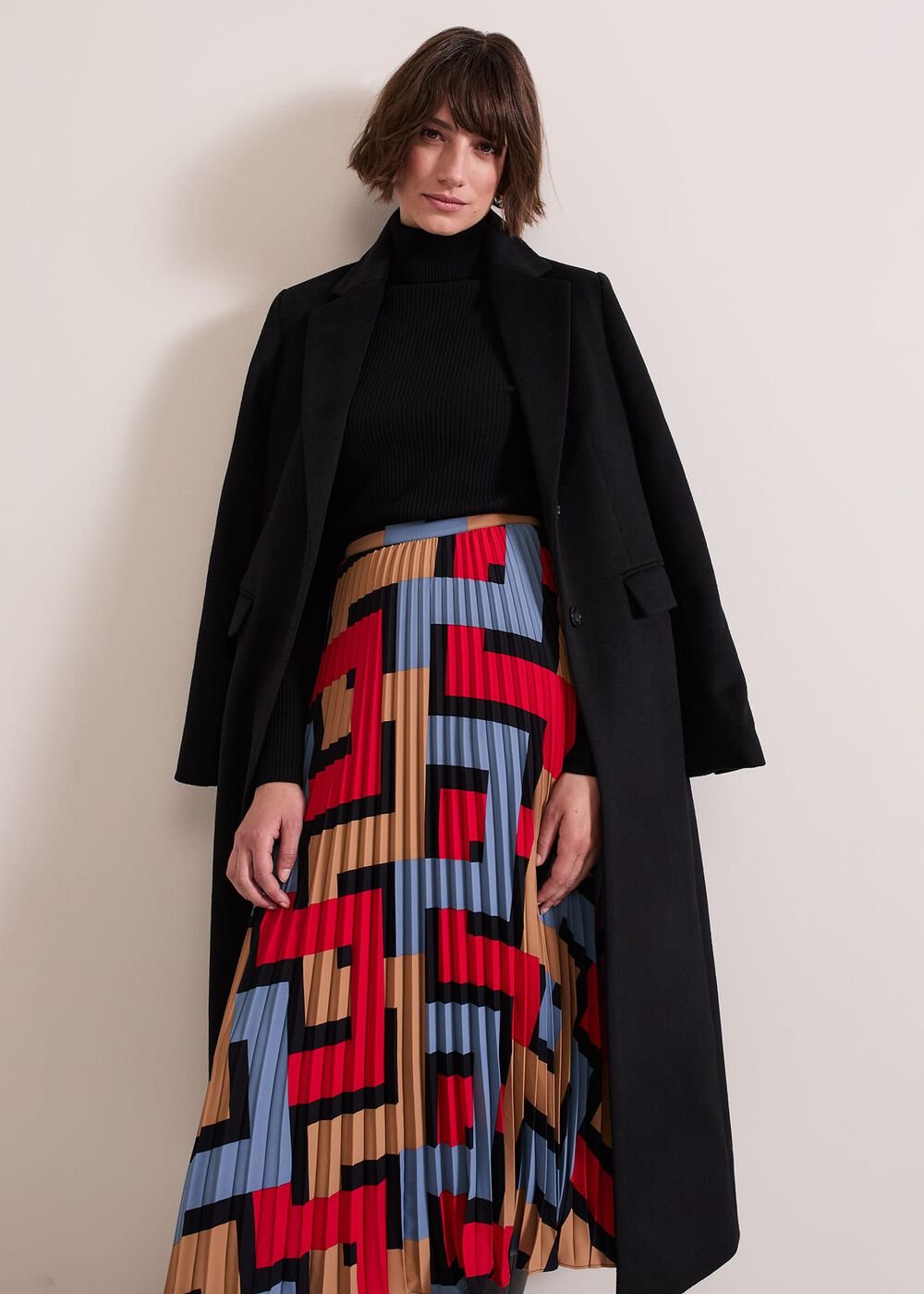 Elmina Geo Pleated Midi Skirt Black