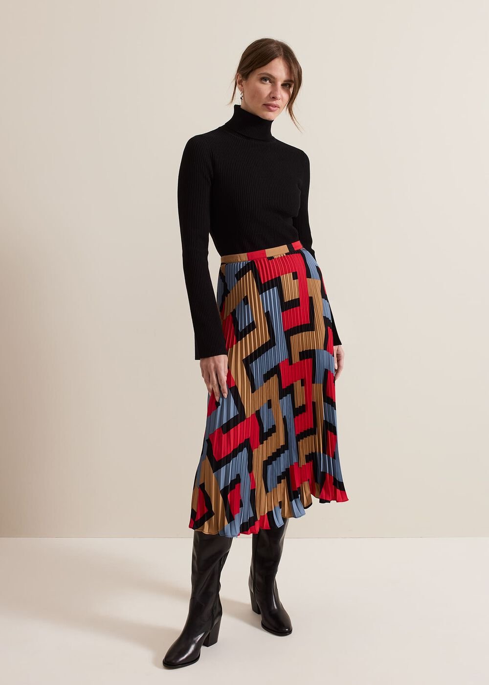 Petite Elmina Geo Pleated Midi Skirt Black
