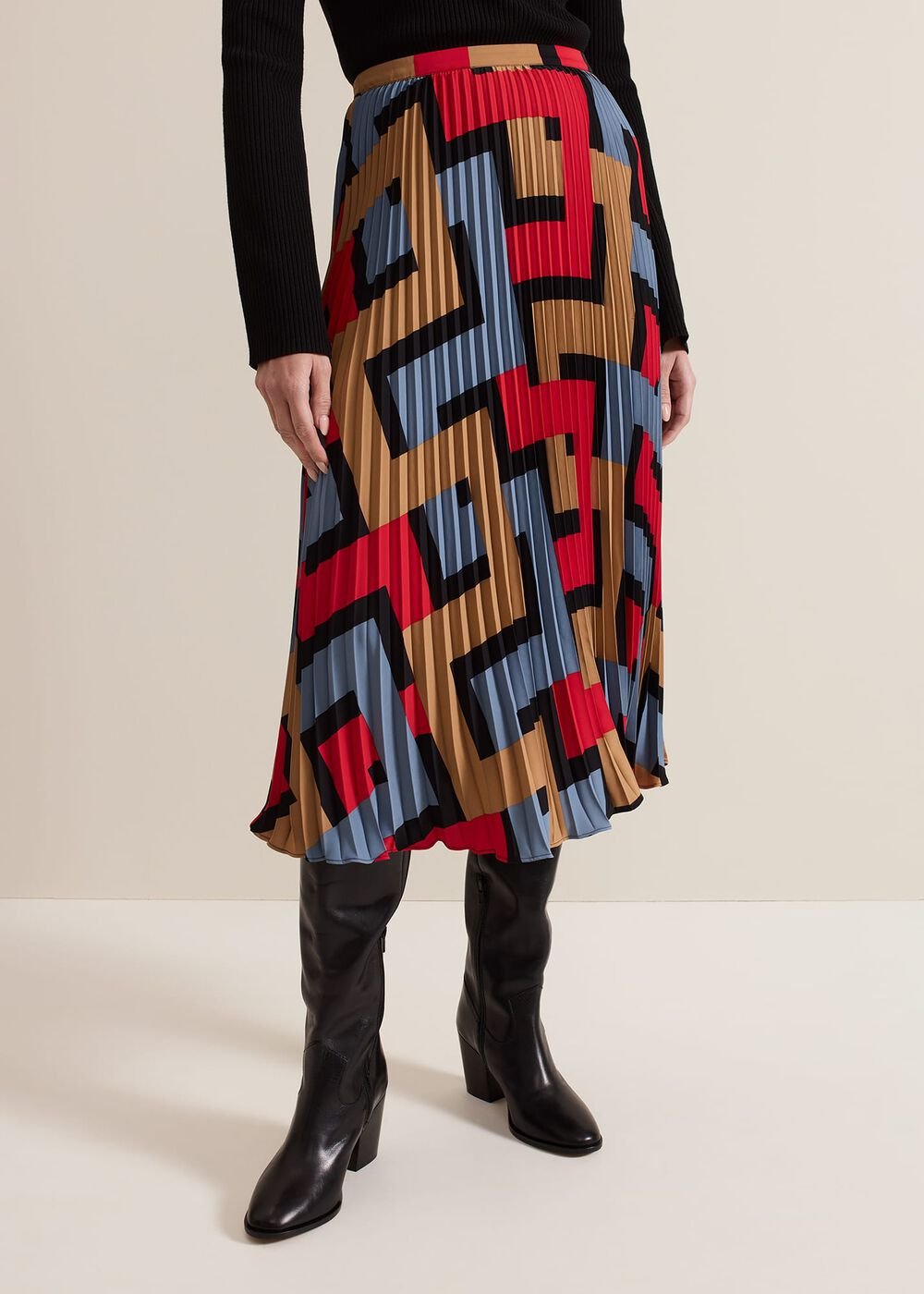 Petite Elmina Geo Pleated Midi Skirt Black