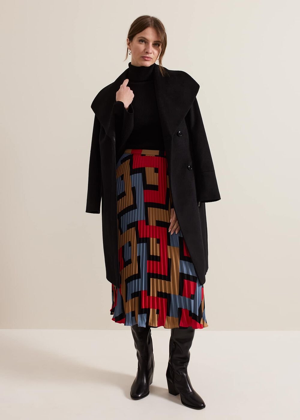 Petite Elmina Geo Pleated Midi Skirt Black