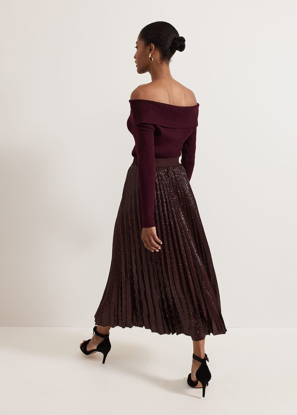 Alaina Sequin Pleated Skirt Burgundy