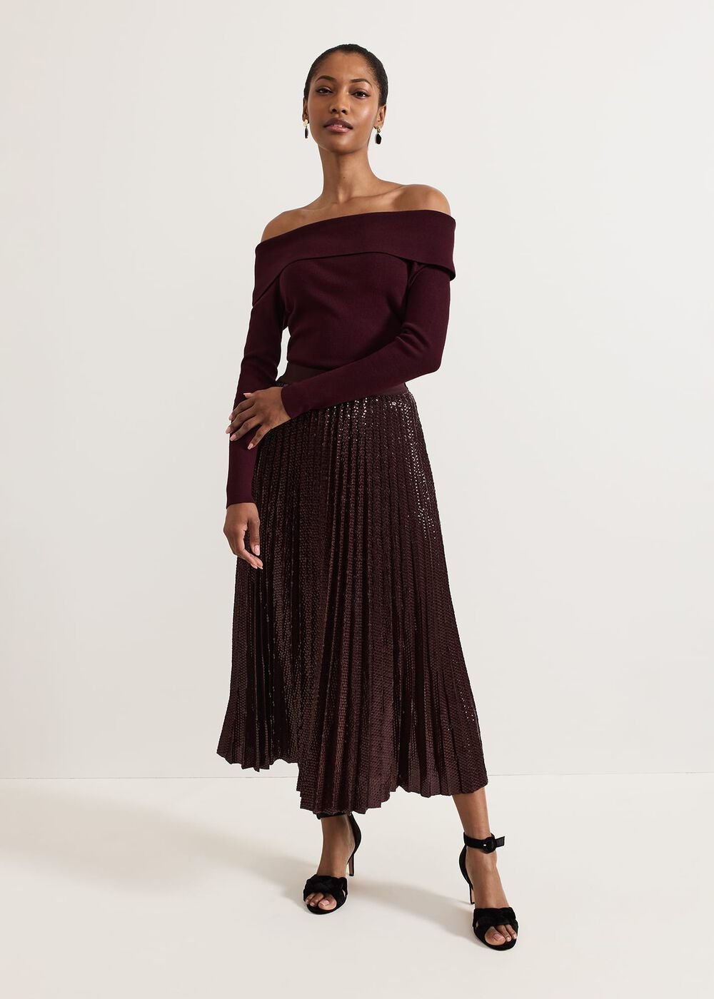 Alaina Sequin Pleated Skirt Burgundy