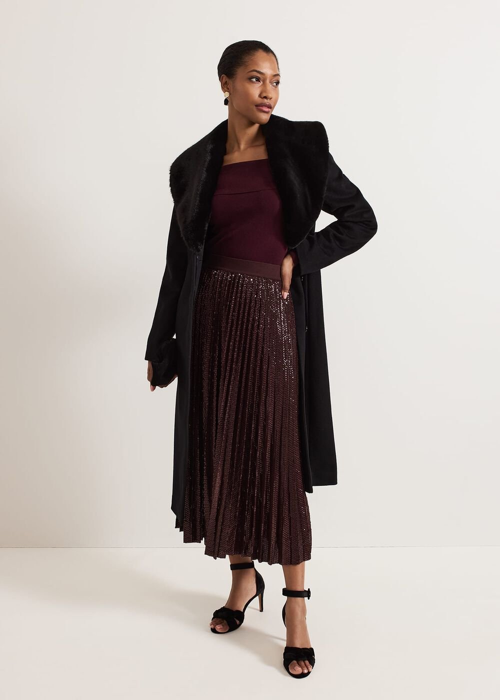 Alaina Sequin Pleated Skirt Burgundy