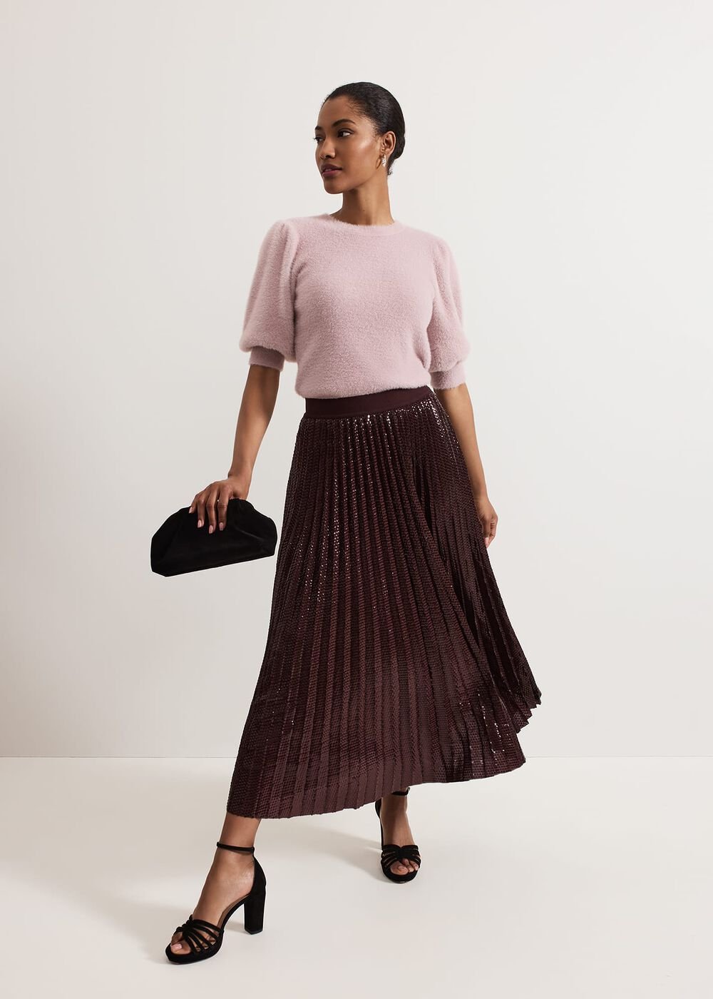 Alaina Sequin Pleated Skirt Burgundy